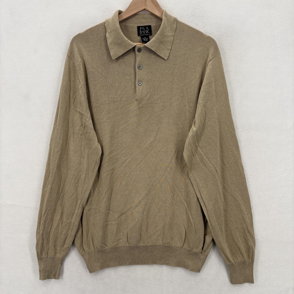 Jos A Bank Sweater Mens Medium Tan 100% Silk Long Sleeve Polo Pullover Knit - Picture 1 of 10